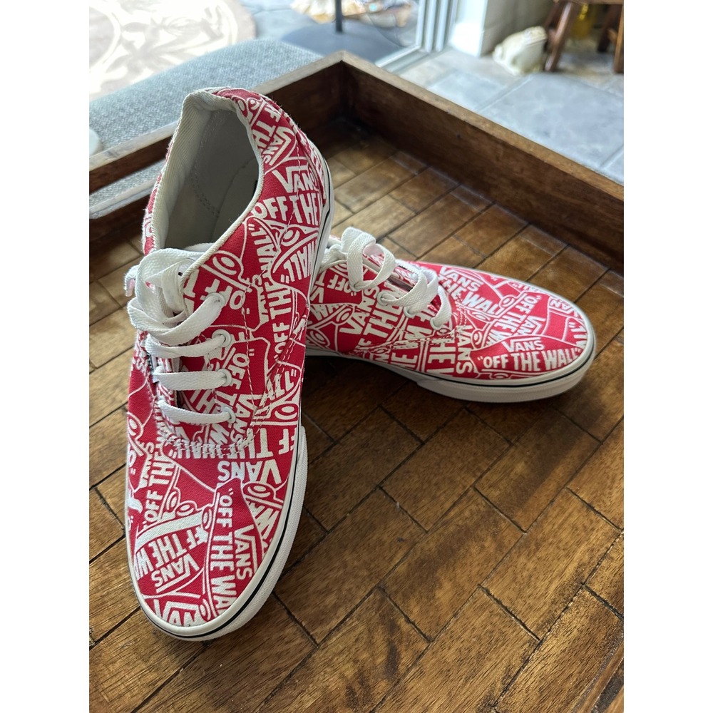 Vans Authentic‎ Off The Wall Logo Print Red White Sneakers Youth 5 VGUC